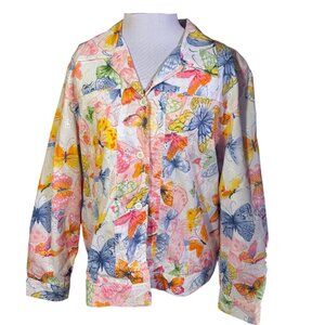Alfred Dunner 12 Petite Womens Button-Up Jacket With Colorful Butterfly Print